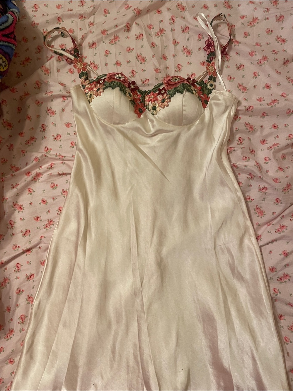 Selfie Leslie Ivory Satin Slip with Floral Embroidered Bust